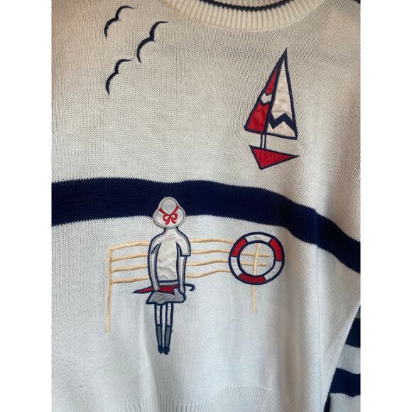 Vintage 80s Alfred Dunner Nautical Blue & White Striped Appliqué Sweater-Size L - Picture 3 of 8